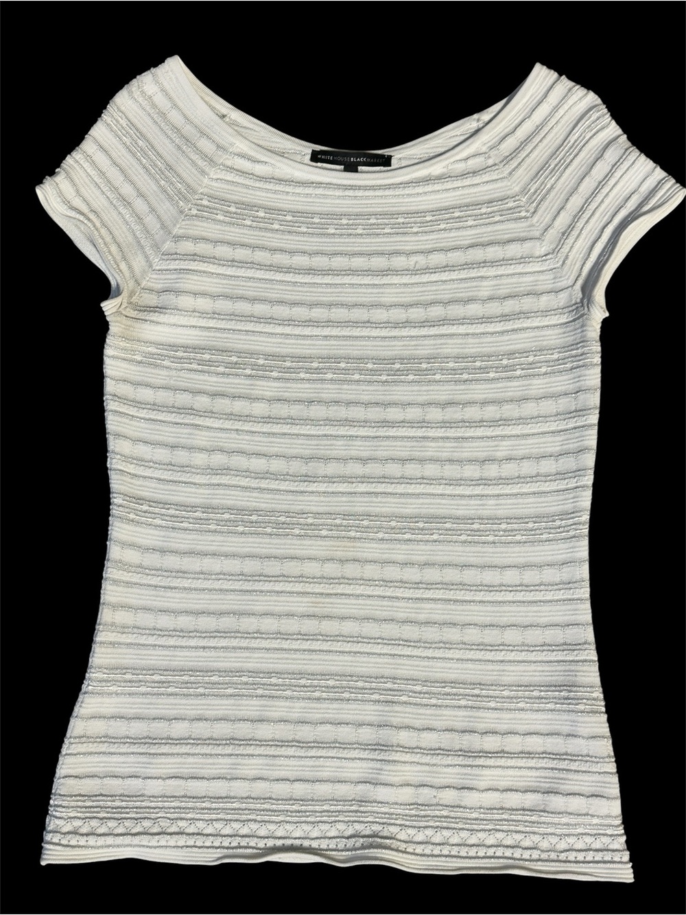 White House Black Market White Silver Metallic Textured Knit Top. Large. 18” PTP